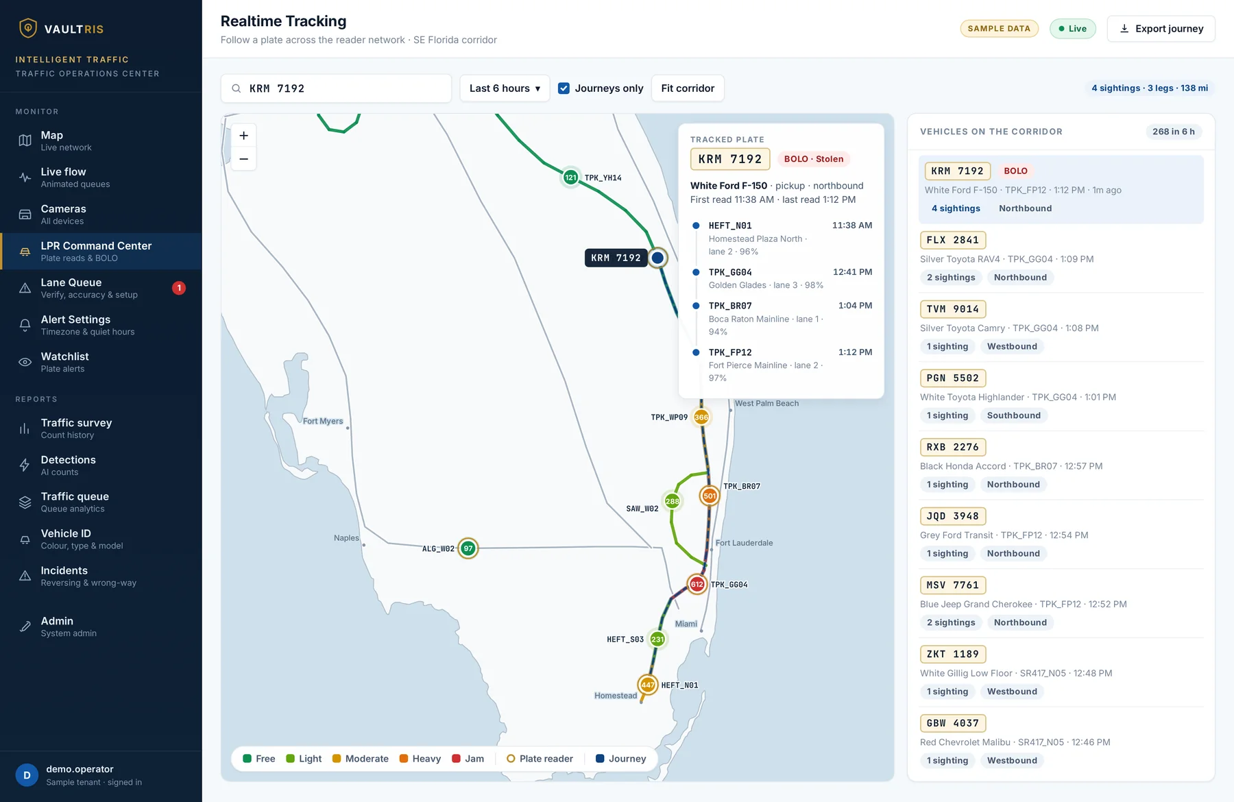 Realtime tracking screen following one plate along the Turnpike corridor, with the route drawn on the road network and four timestamped sightings listed