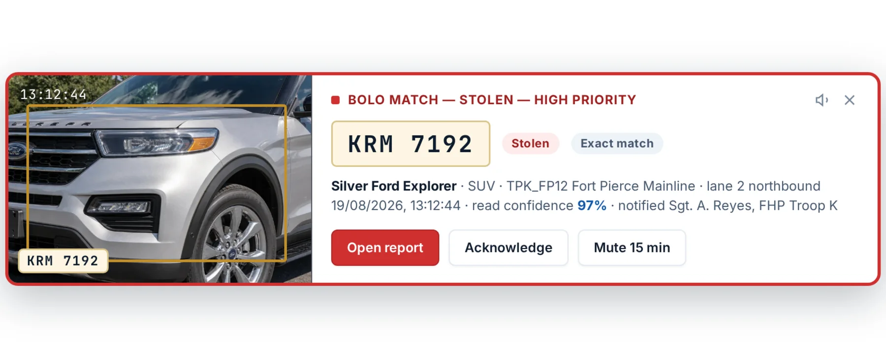 A BOLO match alert showing the matched plate, the reason, the reading camera and lane, the confidence score, and the officer notified