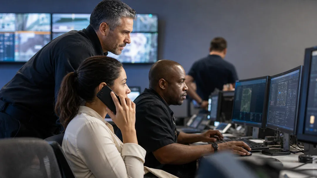 Analysts working a restricted operations floor at multi-screen workstations with a camera wall behind them, a supervisor observing one operator's session over their shoulder