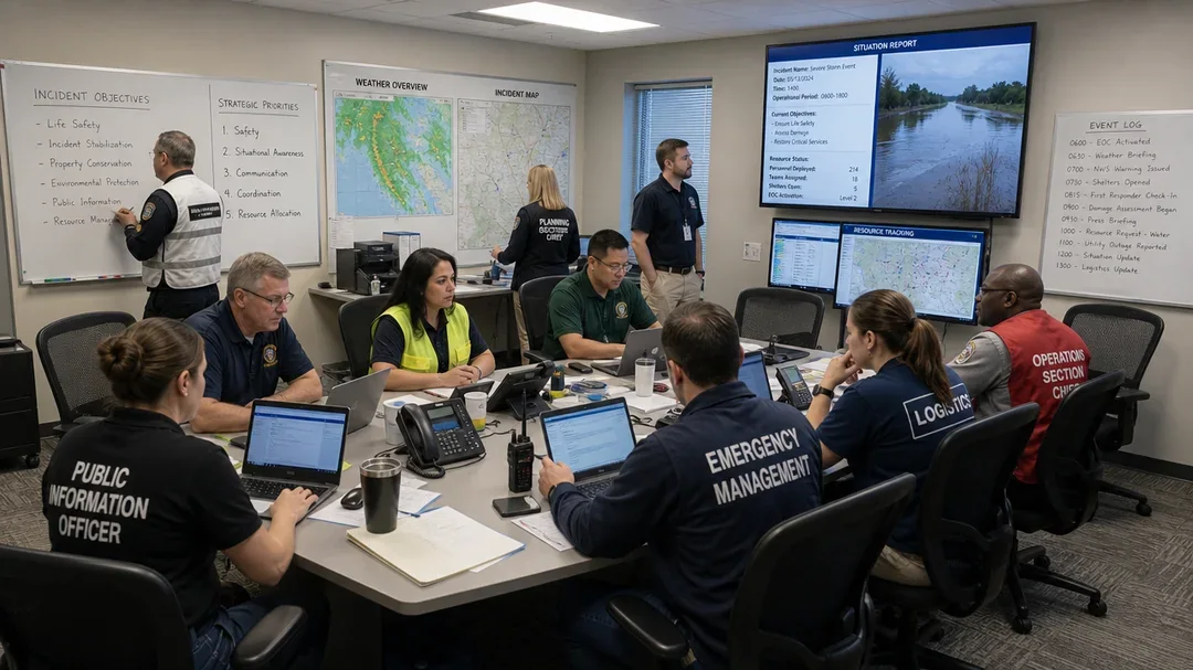 Activated emergency operations centre: section chiefs at a shared table with incident objectives and strategic priorities on the whiteboards, weather and incident maps, a situation report and resource tracking on the video wall, and a running event log