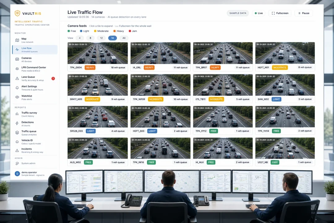Traffic operations centre with the Vaultris camera wall on the main screen — sixteen toll-road feeds, each carrying its detected congestion state and vehicle queue
